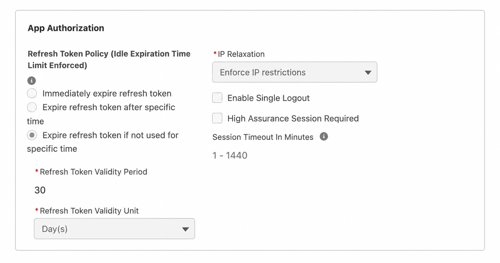 Salesforce External Client App authorization policy showing a 30-day idle refresh-token lifetime and enforced IP restrictions