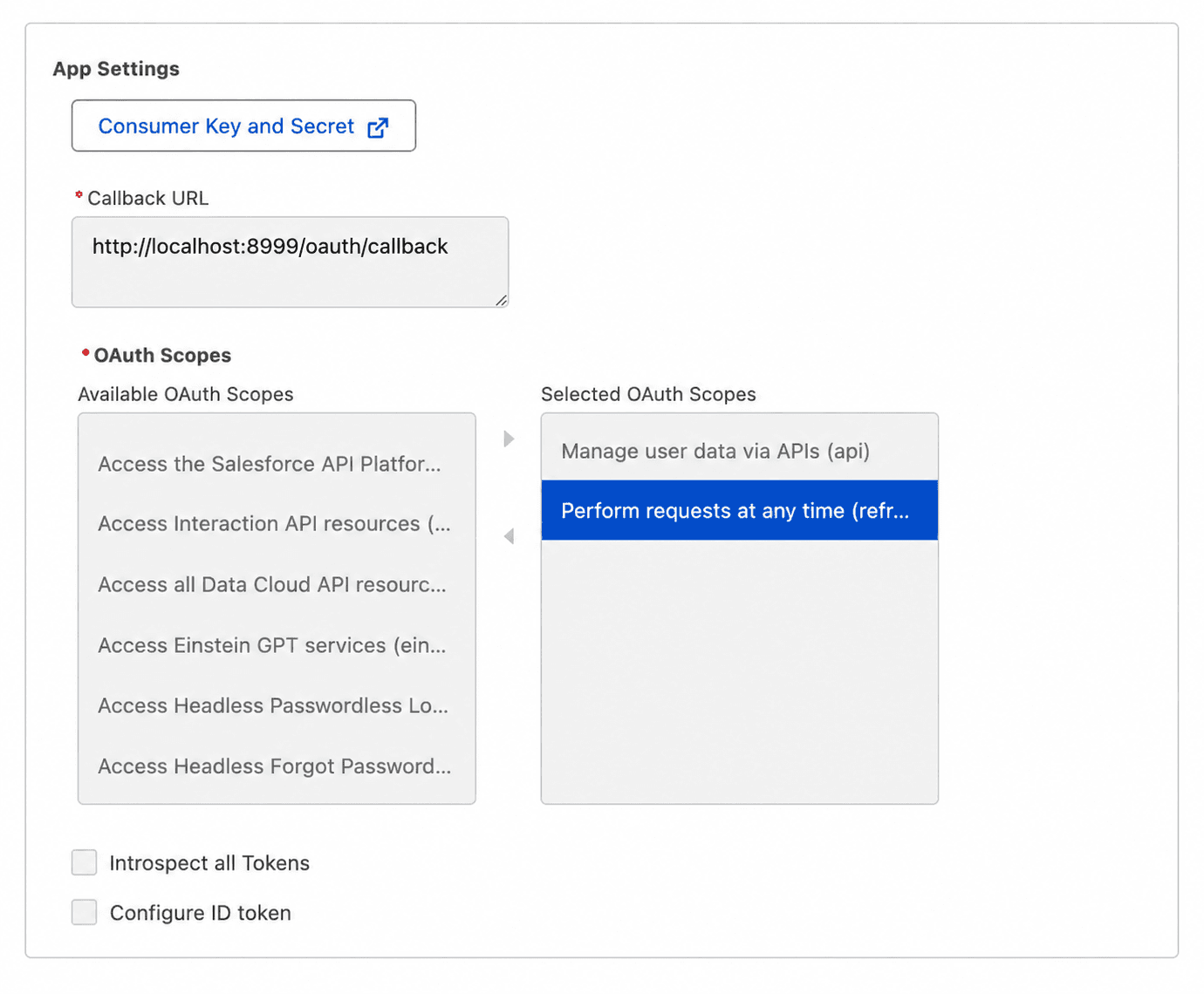 Salesforce External Client App Settings showing the localhost callback and the API and refresh-token scopes
