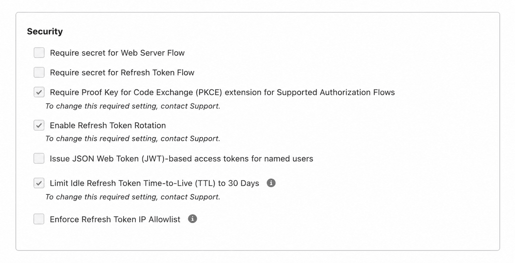 Salesforce External Client App Security settings showing disabled secret requirements, required PKCE, refresh-token rotation, and the idle token limit
