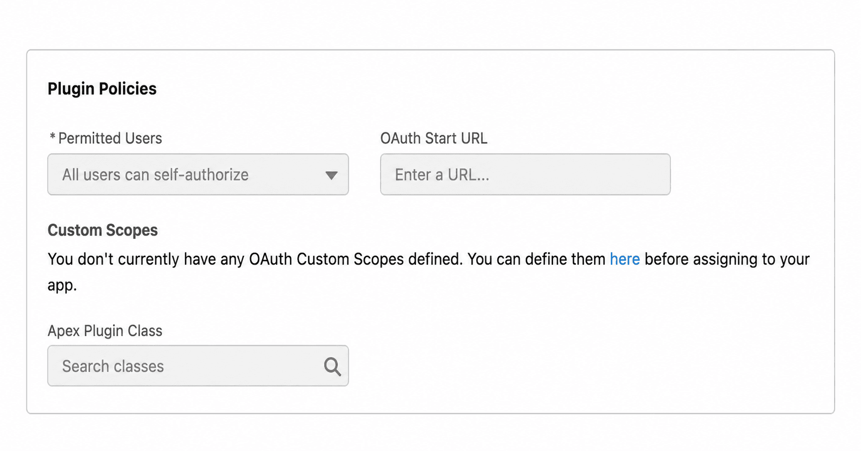 Salesforce External Client App Plugin Policies showing that all users can self-authorize