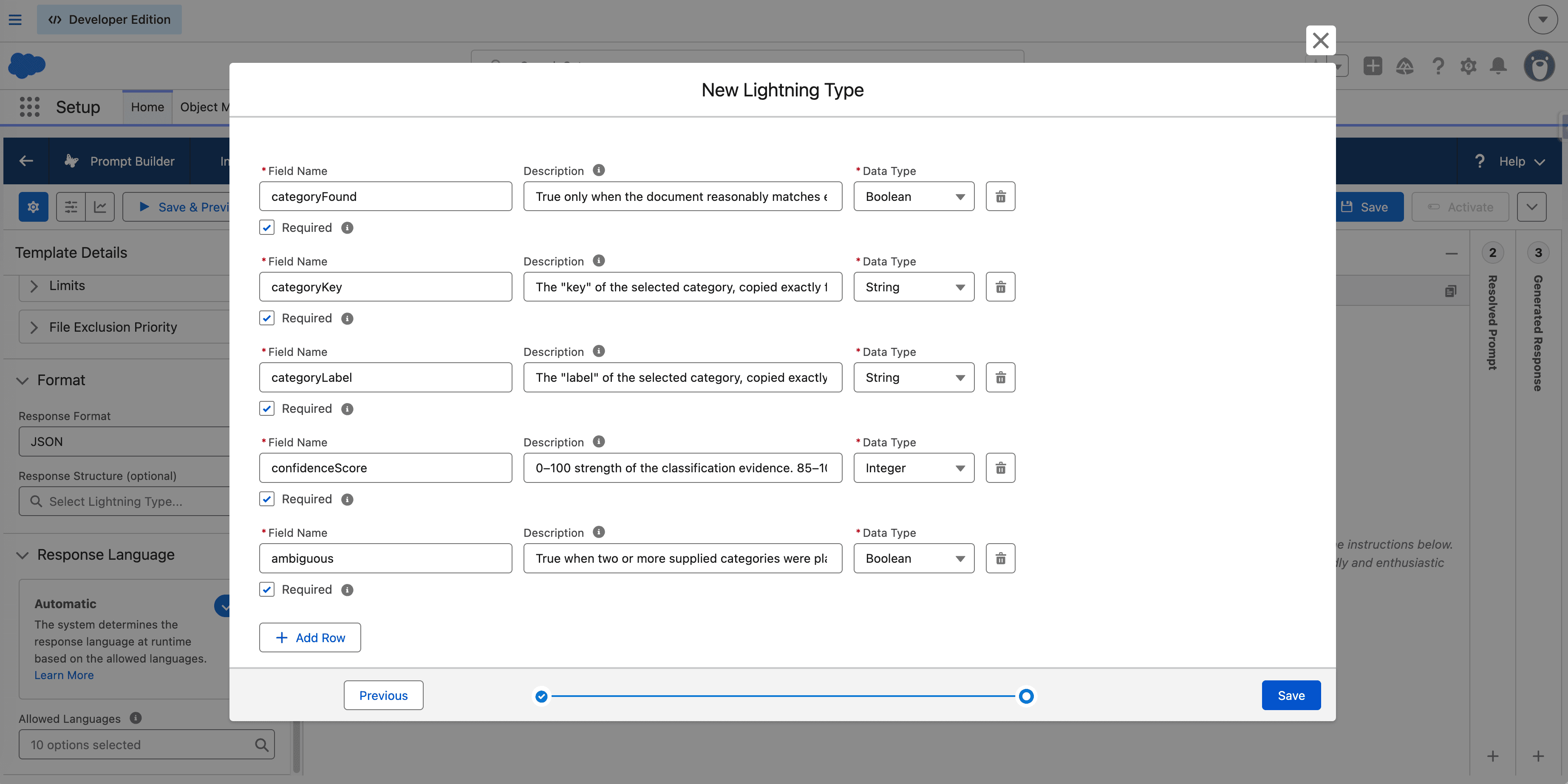 Prompt Builder dialog defining structured output fields, including confidenceScore
