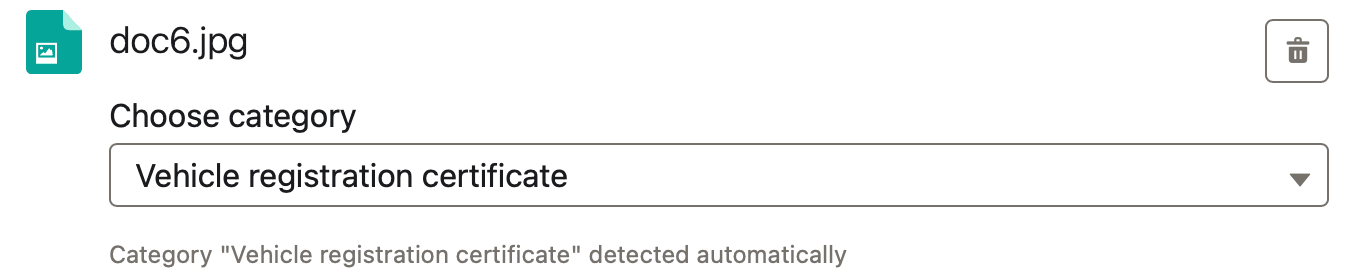 File row with the "Vehicle registration certificate" category preselected and detected automatically
