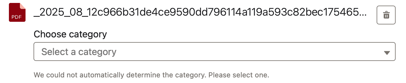 File row with an empty category dropdown and a message that the category could not be determined